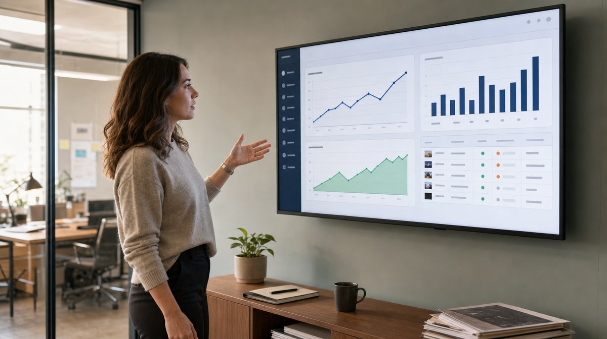 Marketing manager reviewing social media reach engagement and audience growth