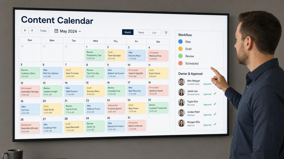 Marketing manager reviewing a social media content calendar on a wall display
