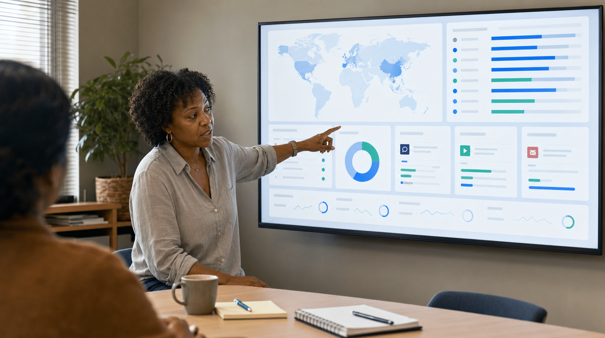Marketing manager reviewing multilingual campaign reach on a localization dashboard