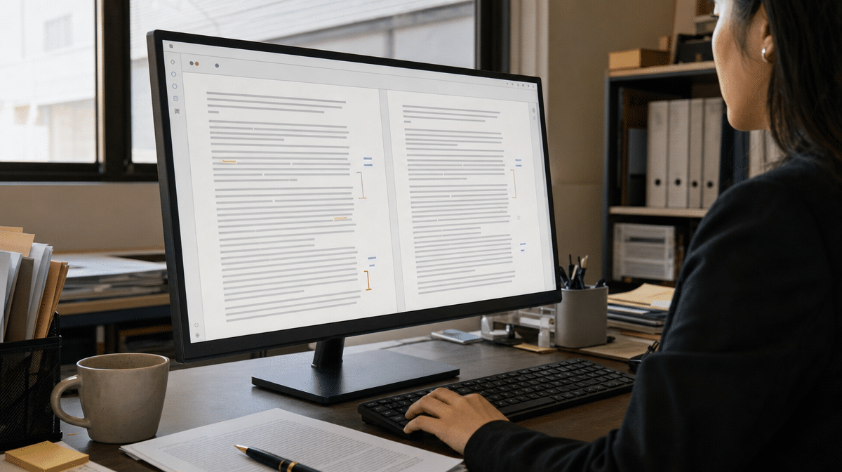 Professional interpreter reviewing a translated business contract on screen