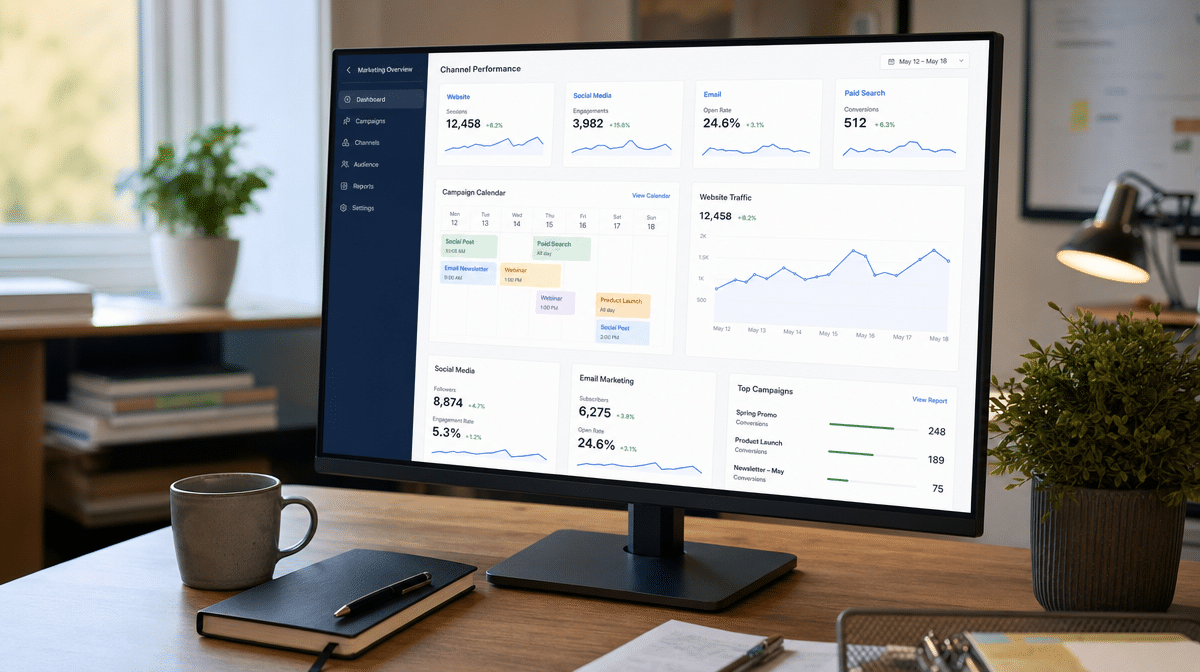 Small-business marketing dashboard displayed on an office monitor