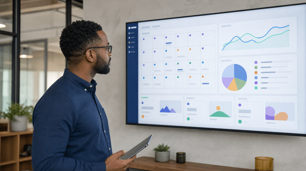 Business owner reviewing a social media content planning dashboard