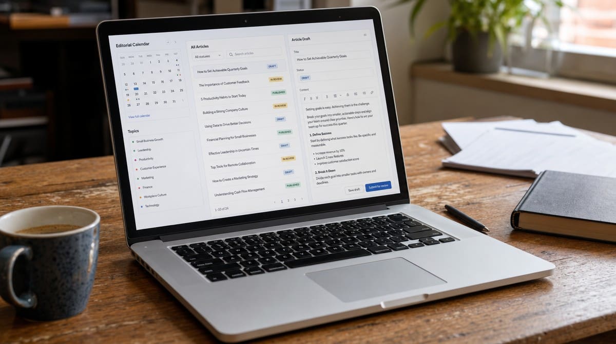 Editorial calendar and business blog workflow displayed on a laptop