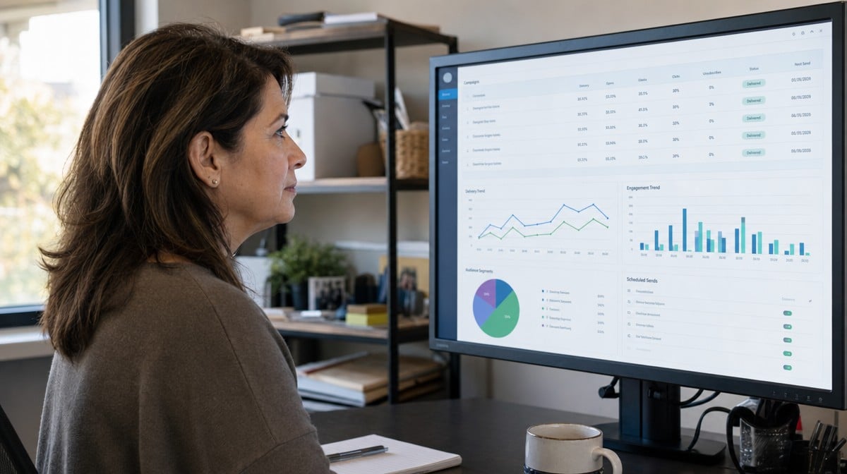 Small-business owner reviewing an email campaign performance dashboard