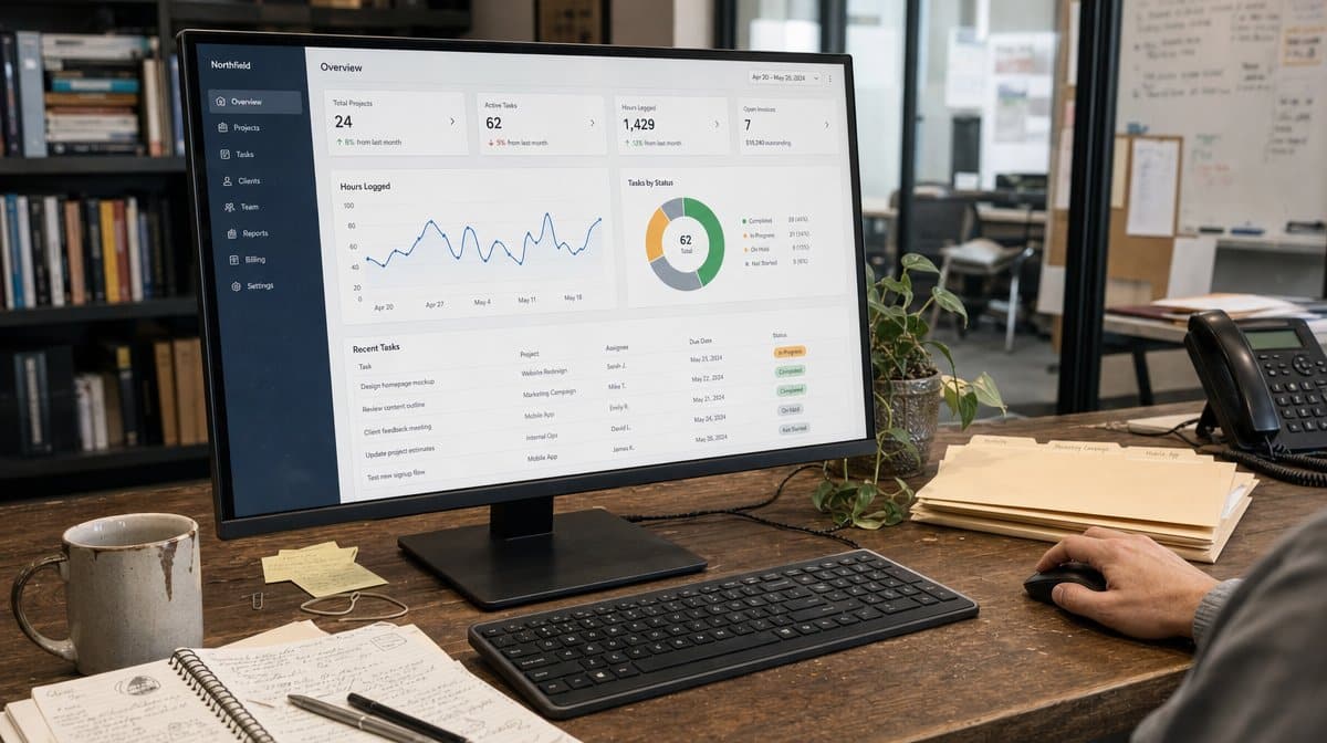 Business management dashboard on a desk monitor in an office, showing summary cards, a line chart, and a task table