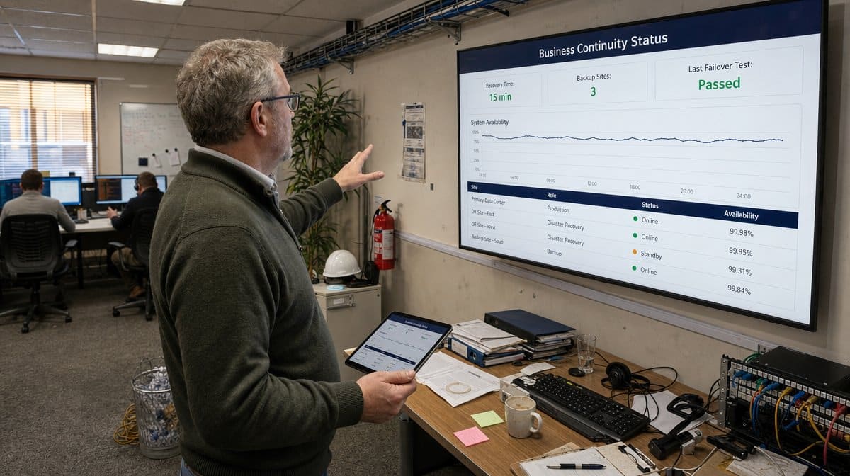 IT operations manager reviewing a business continuity status dashboard on a wall-mounted display