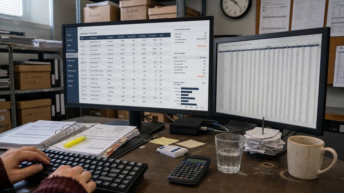 Dual-monitor workstation in a back office showing an ERP inventory and purchasing dashboard