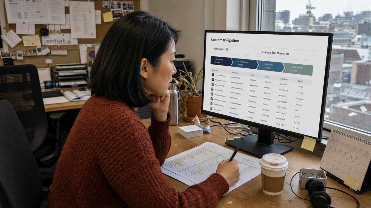 Account manager reviewing a customer pipeline in CRM software on a large office monitor