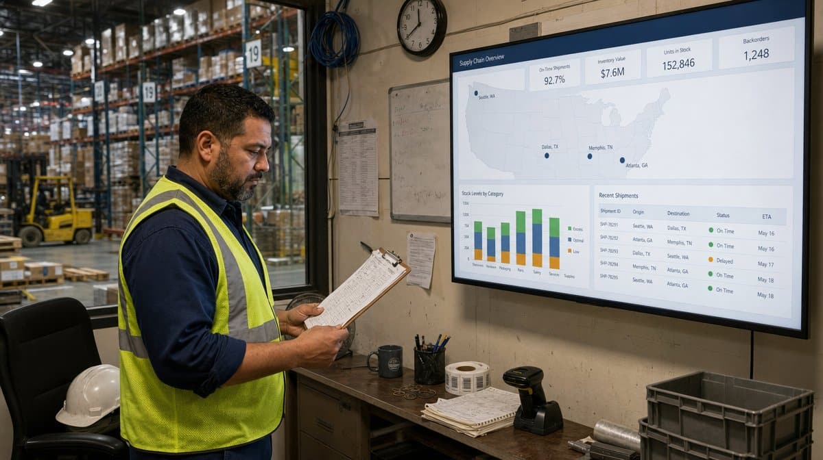 Warehouse supervisor checking a supply chain and inventory dashboard on a wall screen above the racking floor
