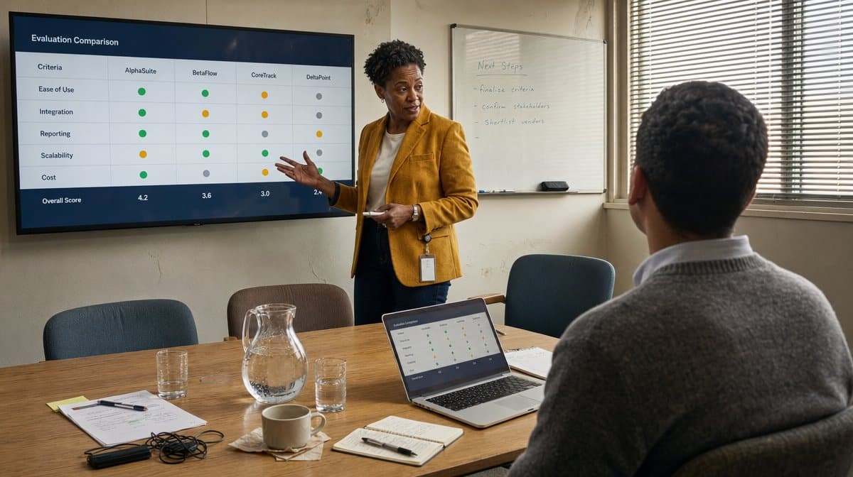 Operations lead walking a colleague through a business software evaluation comparison on a meeting room display