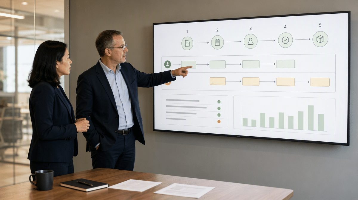 Process owner and colleague reviewing a standard operating procedure workflow on a meeting room display