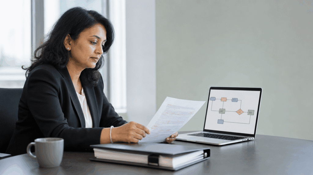 Accounting manager updating a standard work instruction after an accounting system change