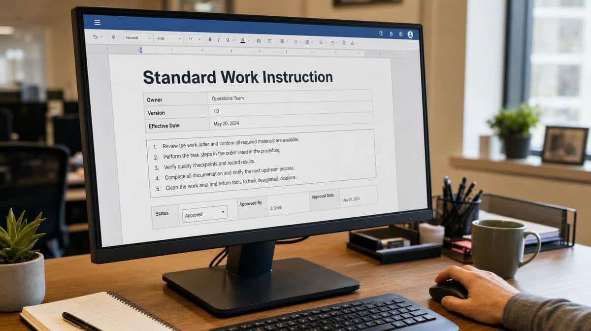 Standard work instruction template open on an office monitor with version and approval fields