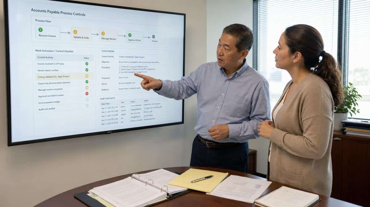 Accounting supervisor reviewing a digital work instruction and control checklist with a colleague
