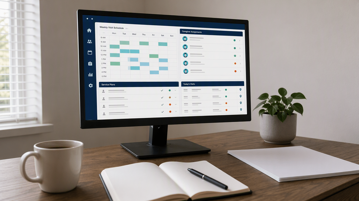Home health care operations dashboard showing visits, caregiver assignments, and service plans