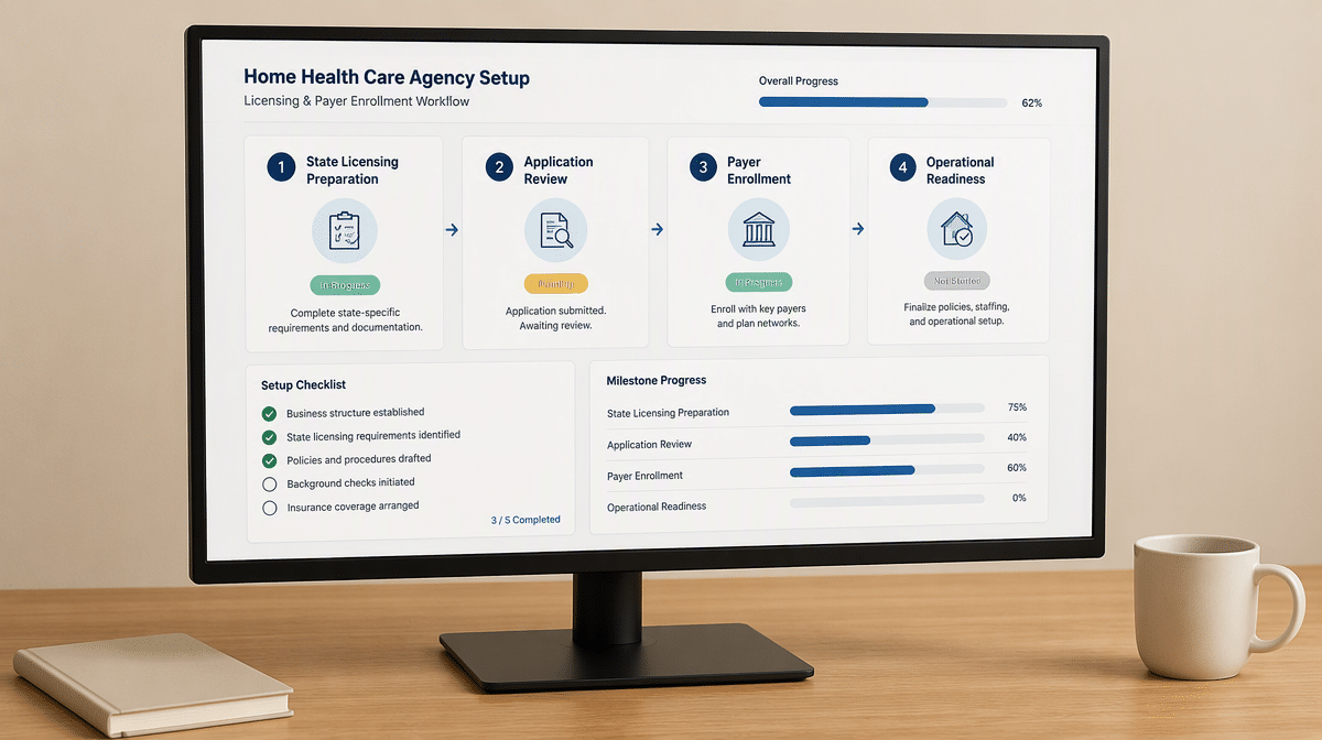 Home health licensing and payer enrollment dashboard showing startup readiness stages