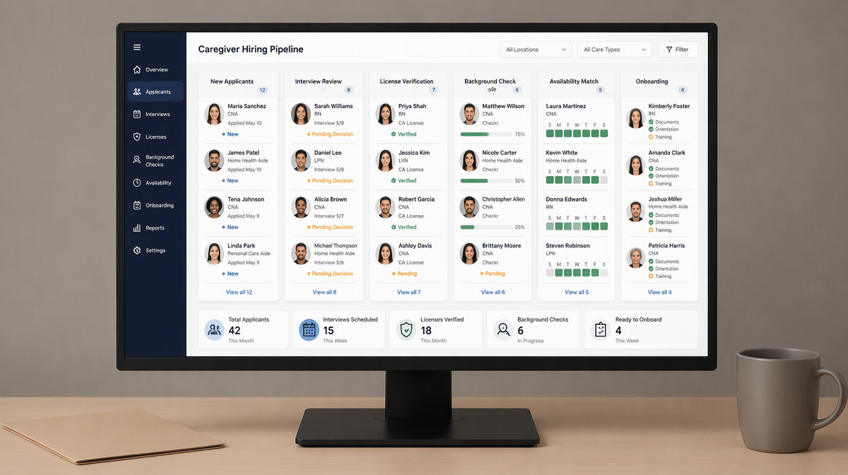 Caregiver hiring dashboard showing applicants, credential checks, and onboarding status