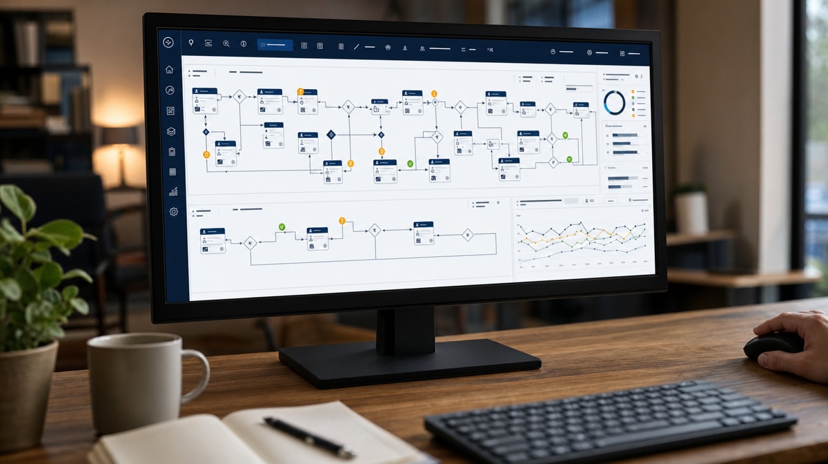 Monitor showing current-state and redesigned business process workflows