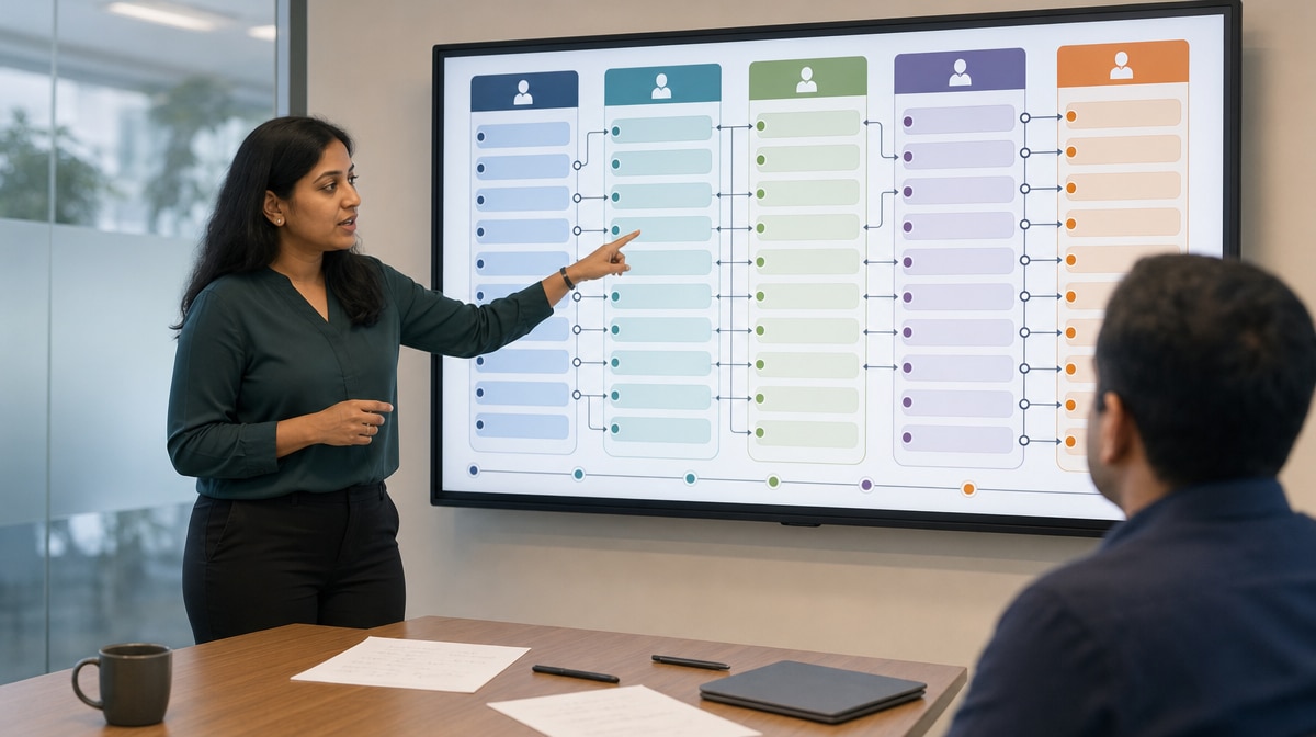Business process reengineering team reviewing roles on a conference room display