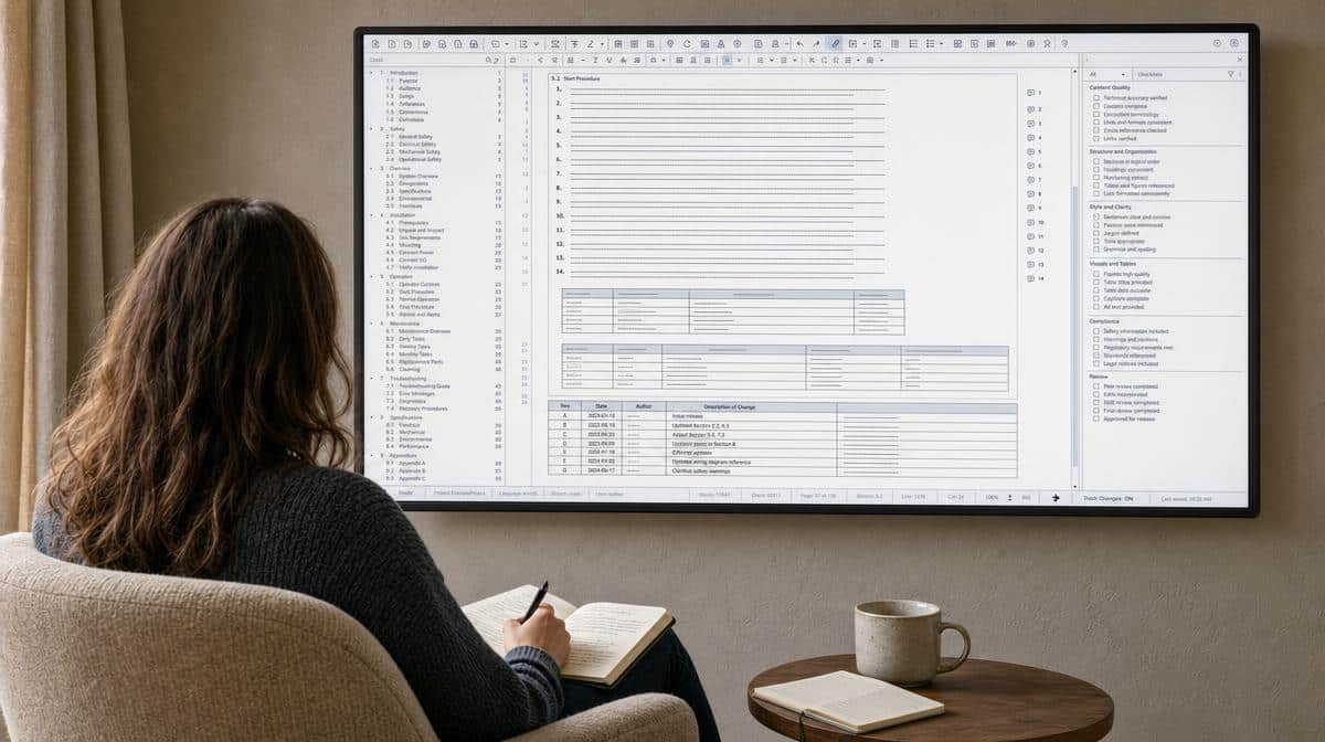 Technical documentation workspace with an outline and revision checklist