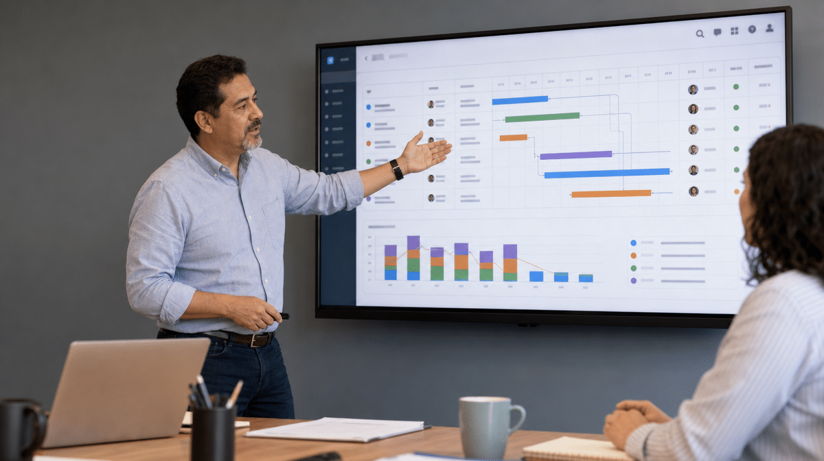 Cross-functional team reviewing shared project responsibilities on an office display
