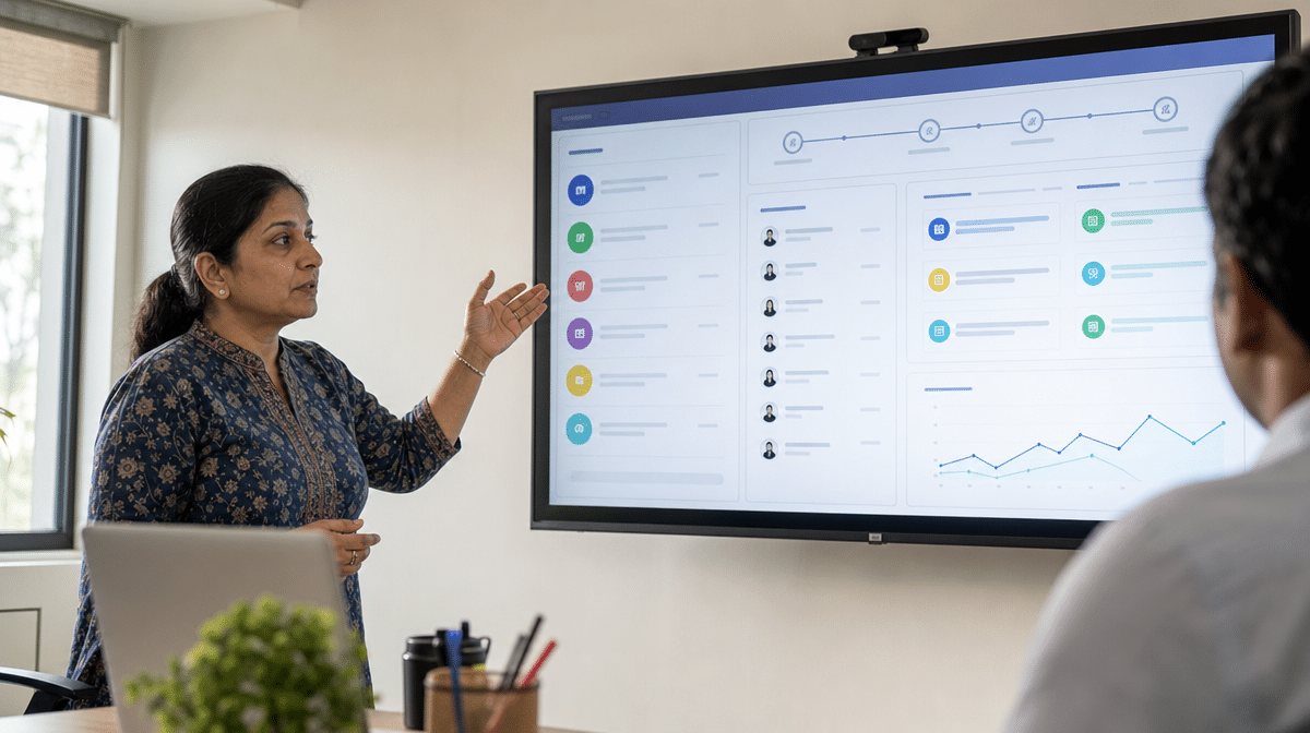 Professional presenting a communication workflow to a colleague in a meeting room