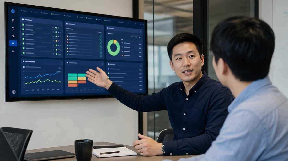 Team leader reviewing project priorities with a colleague beside a large office display