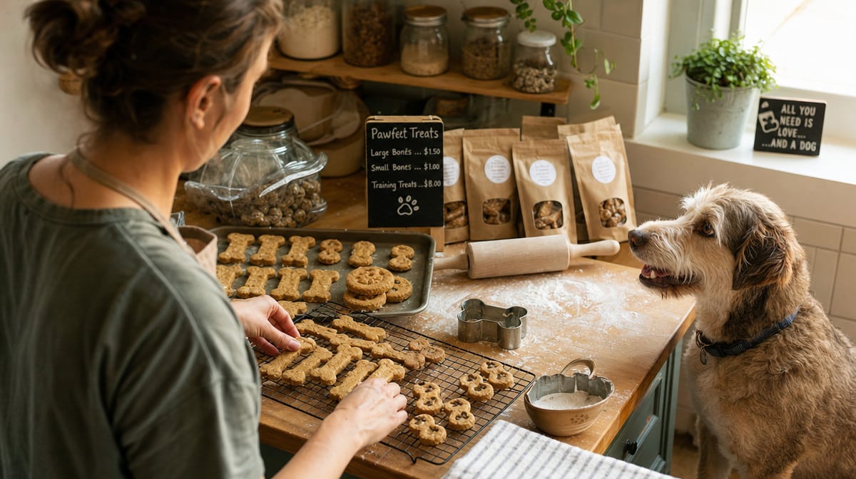 Maker arranging fresh baked dog treats for a home pet bakery business
