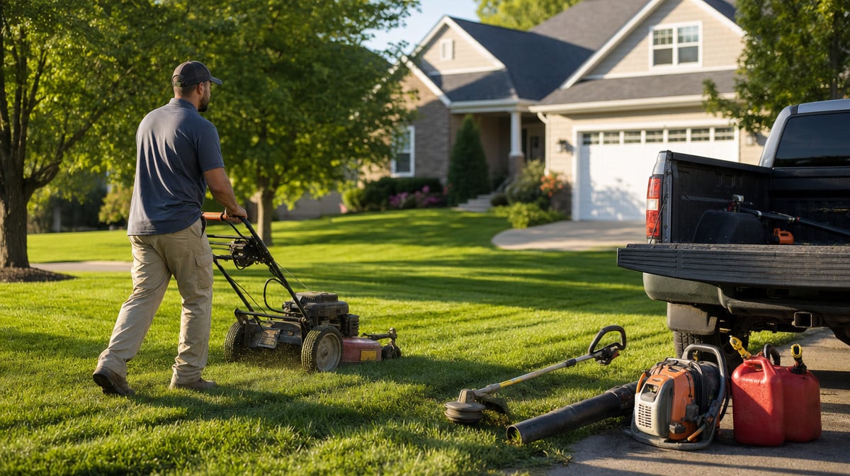 Landscaper mowing a green residential lawn for a lawn care business