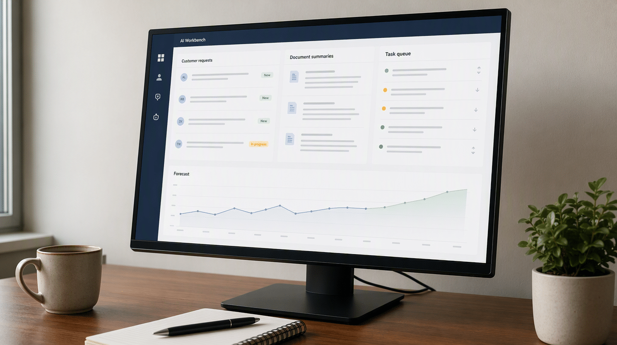 AI dashboard organizing customer requests, tasks, and business forecasts