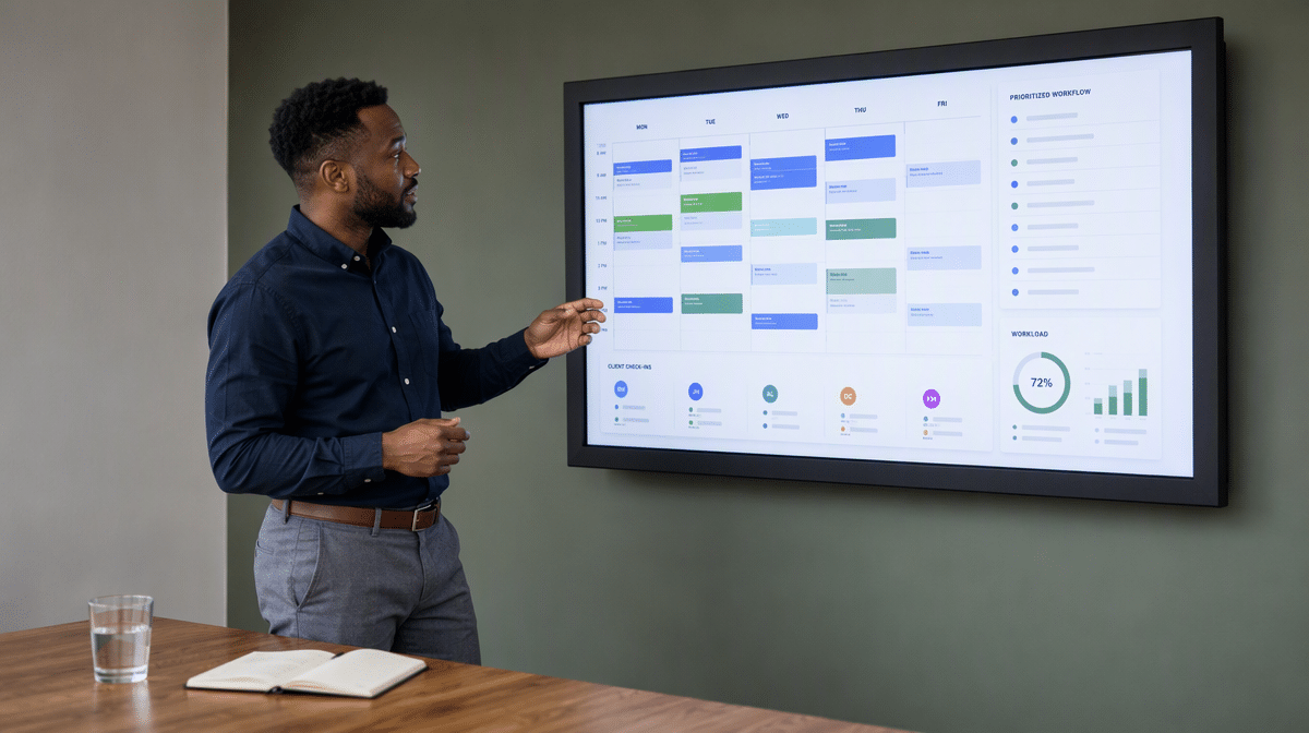 Small business manager reviewing an AI-assisted workflow schedule