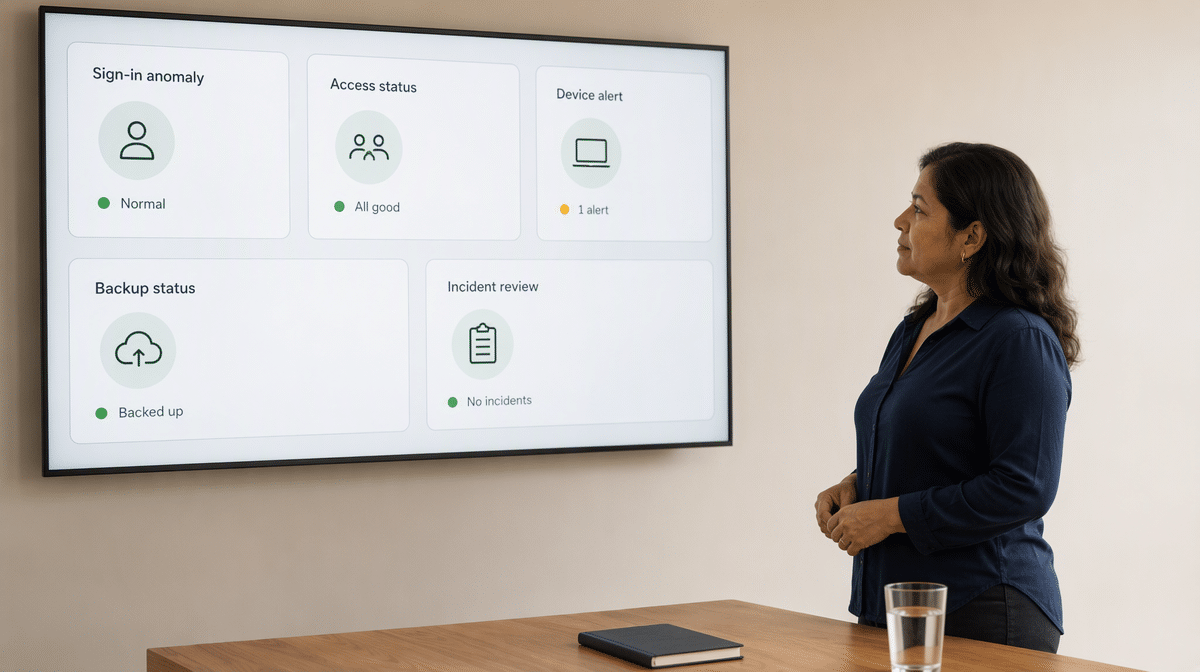 Business owner reviewing cybersecurity alerts and access controls