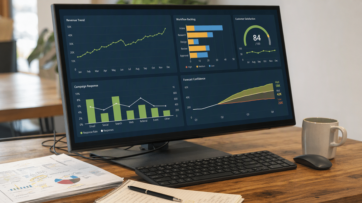 AI-assisted performance dashboard showing operational and marketing trends