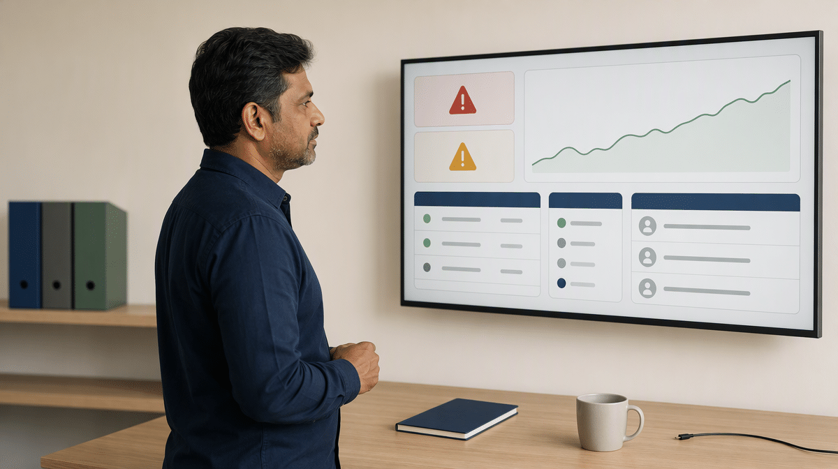 Operations manager reviewing anomaly alerts and indexed business records