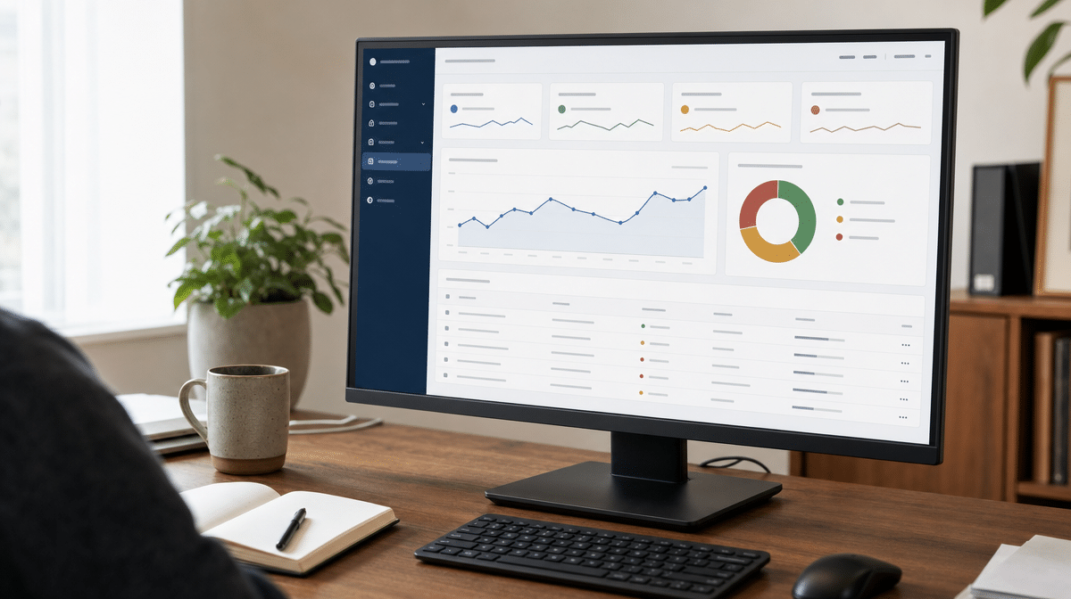 Backlink analysis dashboard showing referring domains and link quality on an office monitor