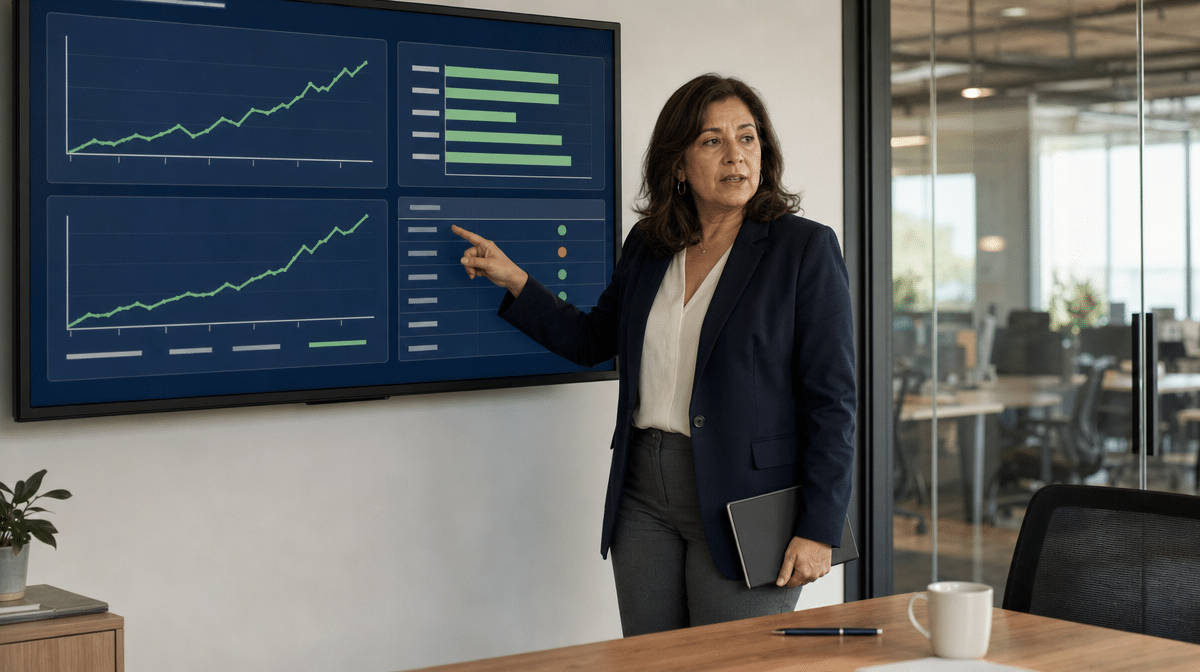 Marketing analyst reviewing backlink performance and organic search trends on a large display