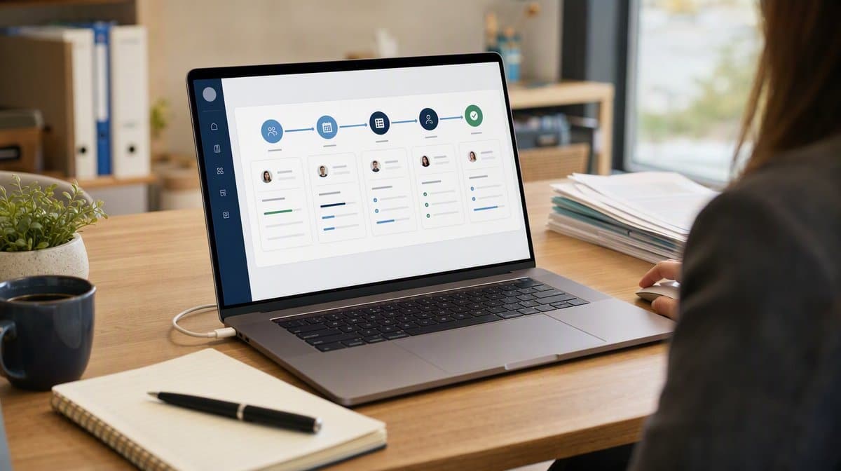 Laptop displaying the stages and milestones of a virtual onboarding process