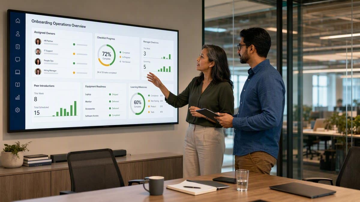 HR leader and manager reviewing virtual onboarding owners and milestone progress