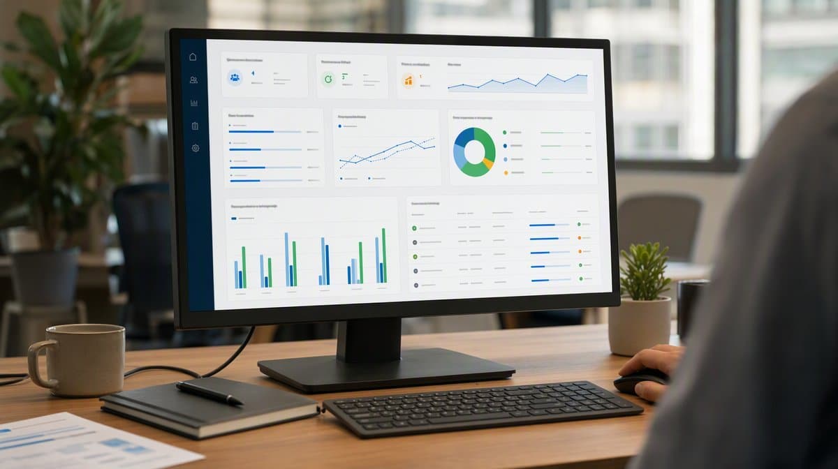 Monitor displaying virtual onboarding completion feedback and performance measures