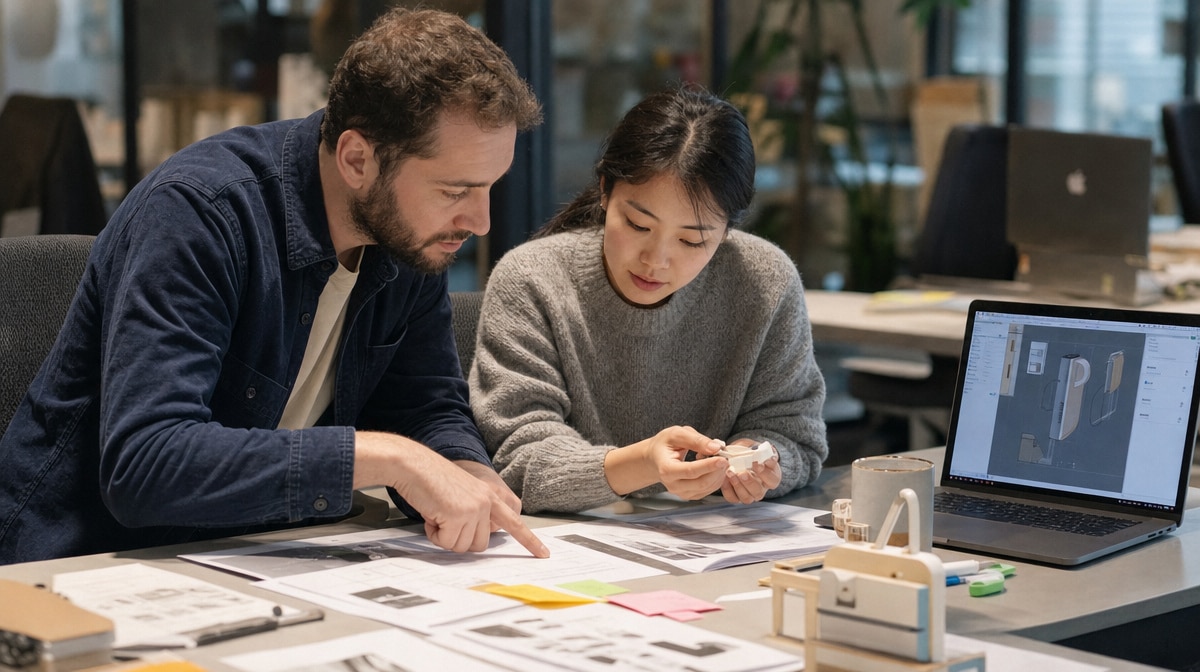 Two team members reviewing design documents and a prototype during the project execution phase