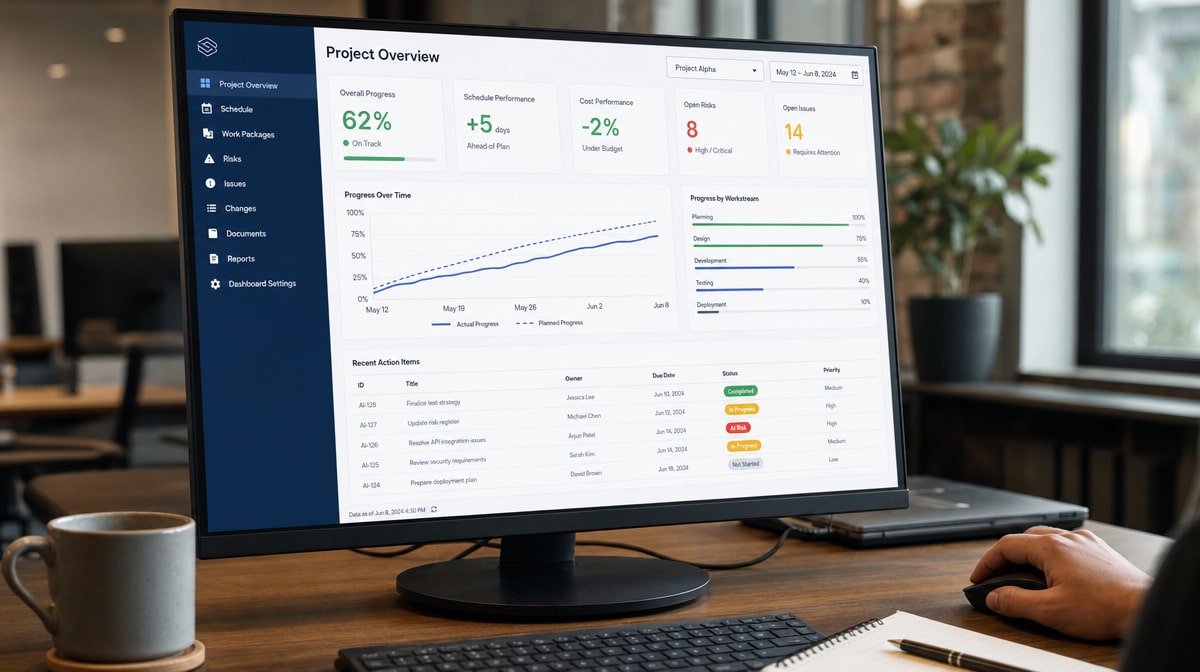 Project monitoring and control dashboard on a desk monitor showing progress, risks, and status