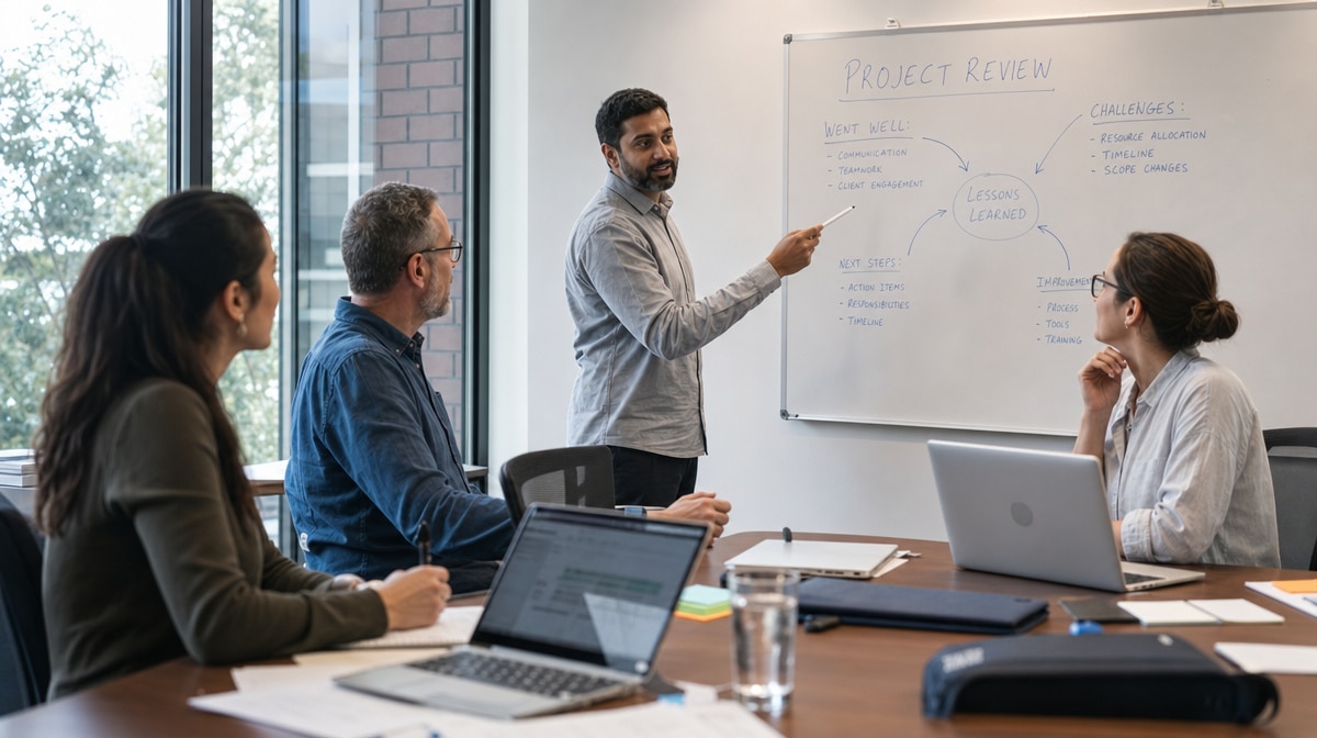 Project review and lessons-learned meeting with a team at a whiteboard capturing feedback