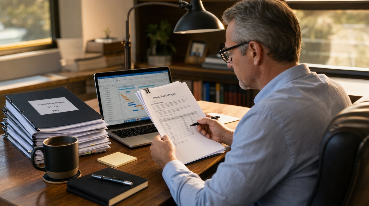 Manager preparing and reviewing a printed project close-out report at a desk