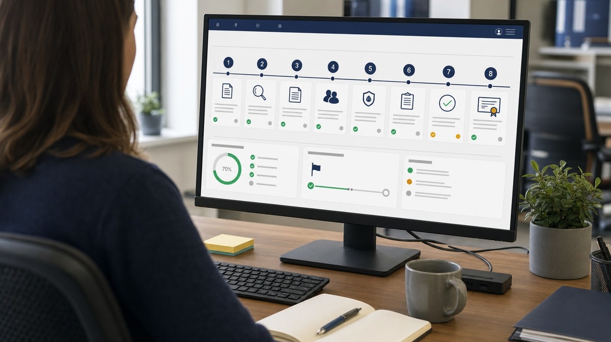 Eight-stage ISO 9001 certification roadmap on an office monitor
