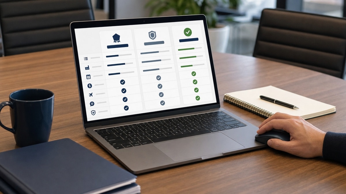 ISO 9001 certification body comparison workspace on a laptop