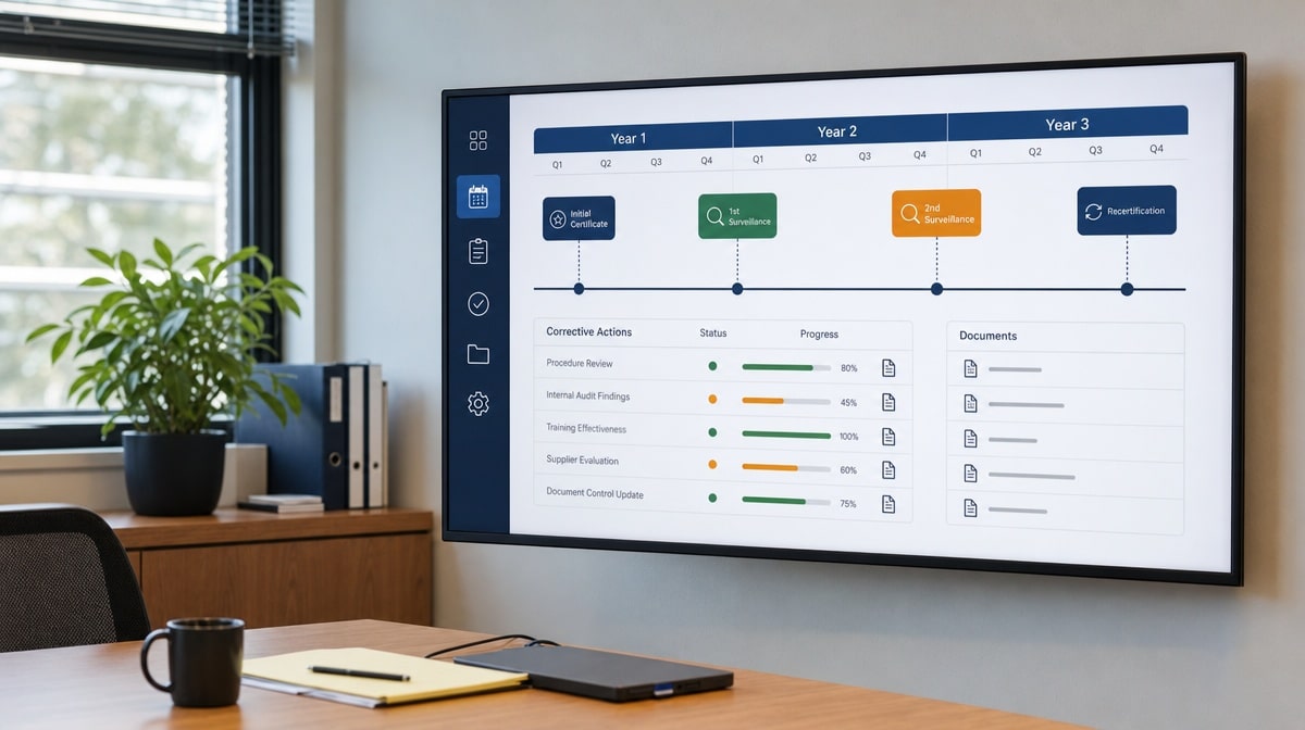 Three-year ISO 9001 surveillance and recertification calendar on a wall display