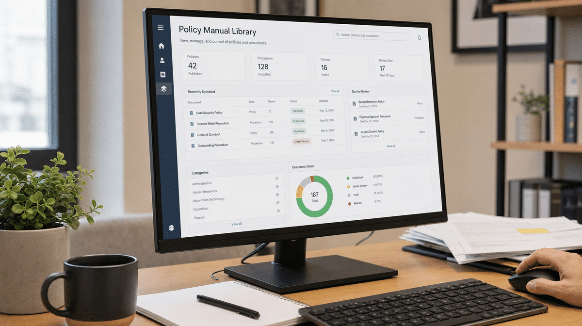 Office manual library dashboard on an office monitor