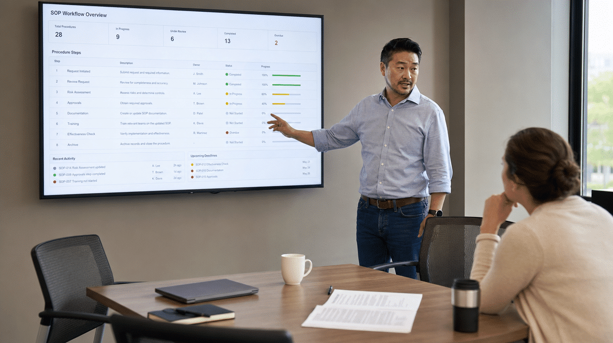 Manager presenting an office procedure workflow on a wall display