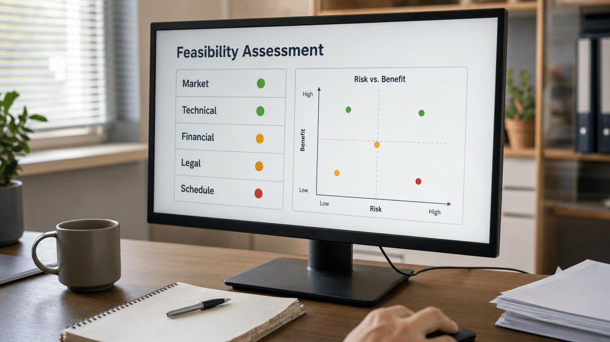 Feasibility dashboard comparing market, technical, financial, legal, and schedule factors
