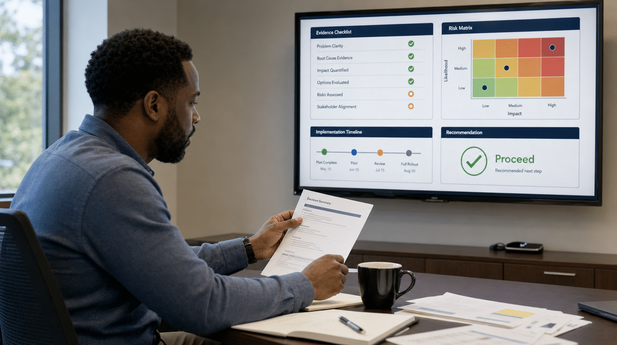 Project manager reviewing evidence and risk before a feasibility decision